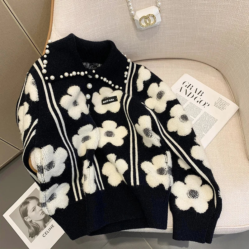 Pearl Beading Floral Knitted Women Sweater Tops Autumn Winter Vintage Elegant Ladies Pullover Long Sleeve Fashion Jumpers
