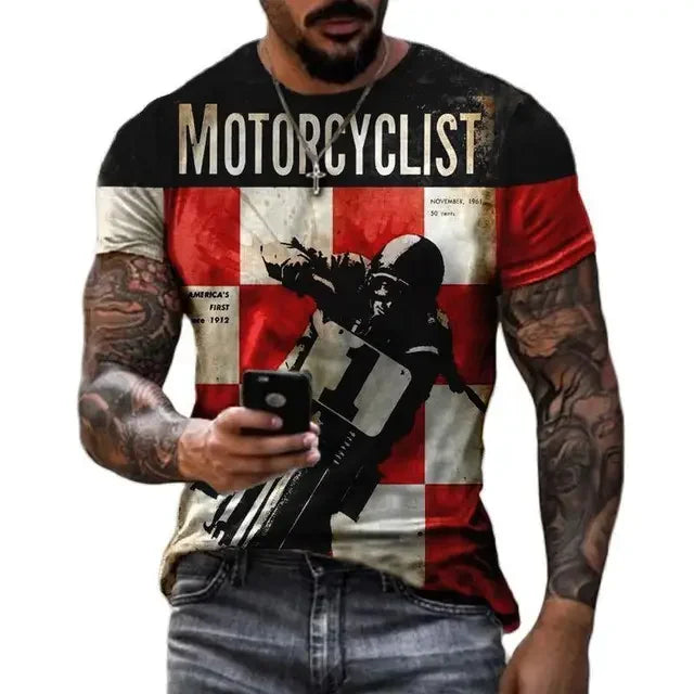 Motorcycle Vintage Classic 3D Harajuku Print Men's Punk Tough Guy Street Hip Hop Crew Neck Short Sleeve Summer Loose T-shirt Top - CHRISTDEST GLOBAL SERVICE