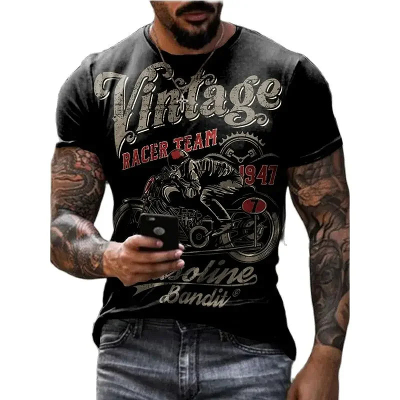 Motorcycle Vintage Classic 3D Harajuku Print Men's Punk Tough Guy Street Hip Hop Crew Neck Short Sleeve Summer Loose T-shirt Top - CHRISTDEST GLOBAL SERVICE