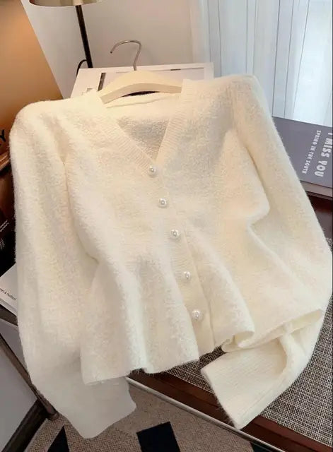 Stylish Elegant Thicken Knit Cardigan Sweater Women Pearl Buttons V-neck Long Sleeve Knitwear Tops Spring Fashion Jumpers