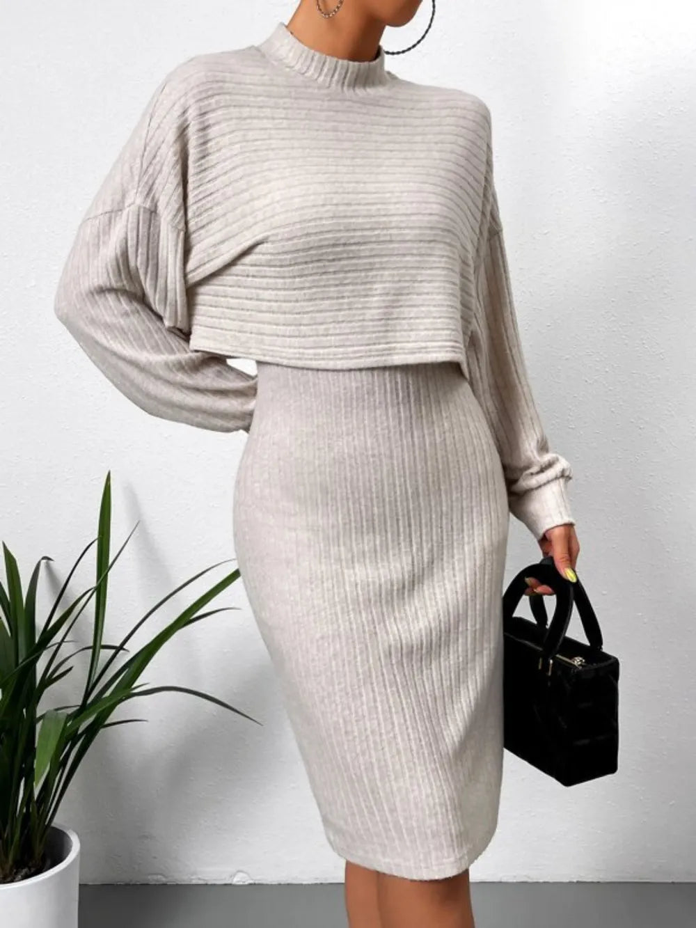 Neck Long Sleeve Top and Wide Strap Dress Set
