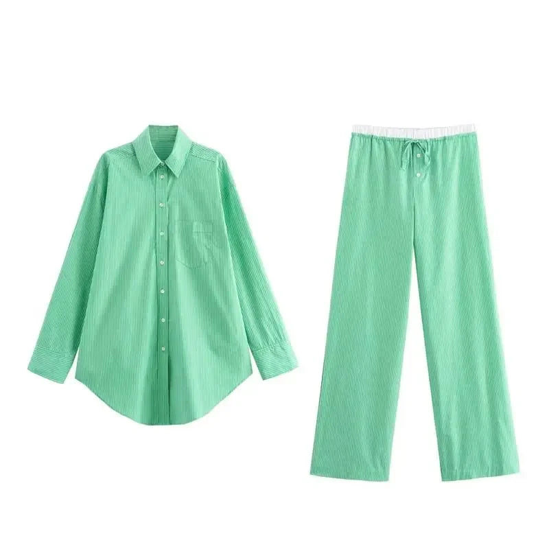 Striped Pants Sets Women's 2-piece Autumn Chic Loose Wide-leg Pants Sets Street Fashion Youth 2 Piece Sets Womens Outfits