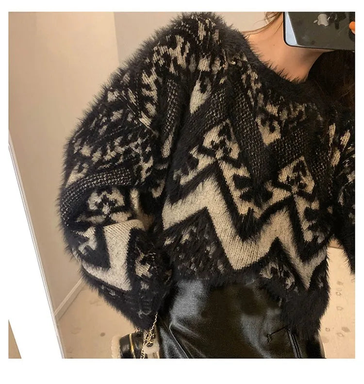 Vintage Jacquard Faux Mink Knit Sweater Pullover Dames Losse Elegante Streetwear Mode Tops Lange Mouw O-hals Truien