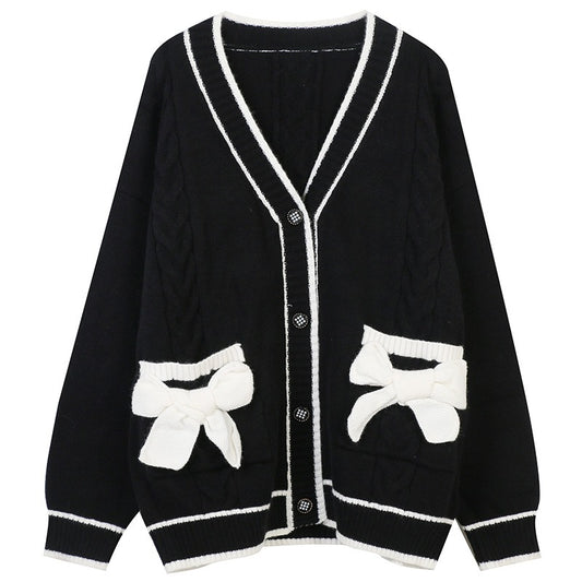 Trui V-hals lange mouwen middellange contrasterende gestreepte strik los gebreide cardigan