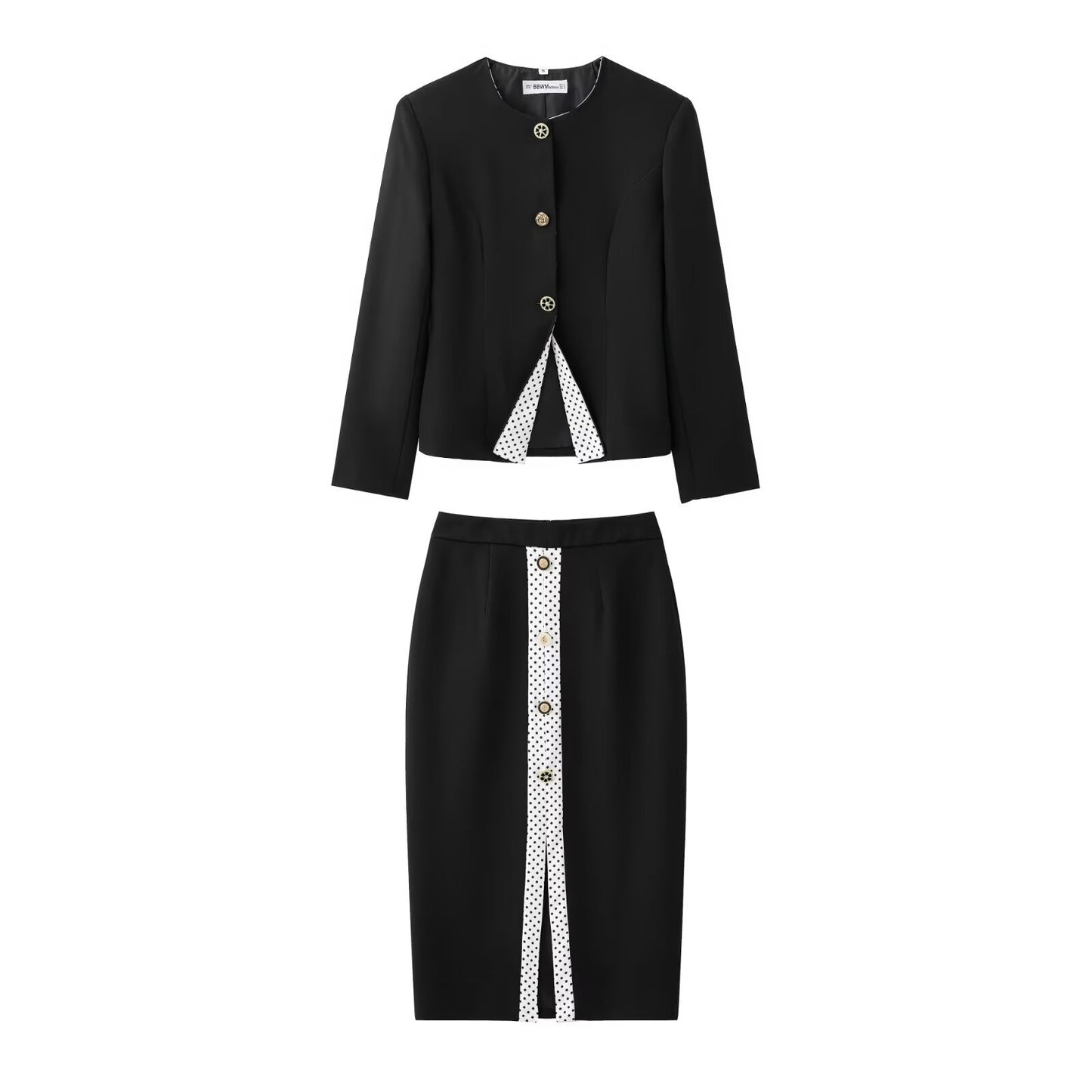 Long sleeved suit jacket+polka dot skirt