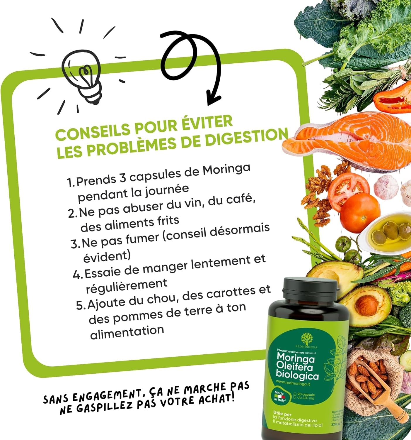 Moringa Bio | La Seule Moringa Biologique Produite En Italie | Véganes Sans Additifs | Super Antioxydant Riche En Vitamines Et Protéines Végétales | Haute Qualité | 90 Gélules