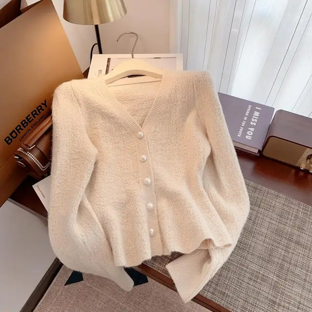 Stylish Elegant Thicken Knit Cardigan Sweater Women Pearl Buttons V-neck Long Sleeve Knitwear Tops Spring Fashion Jumpers