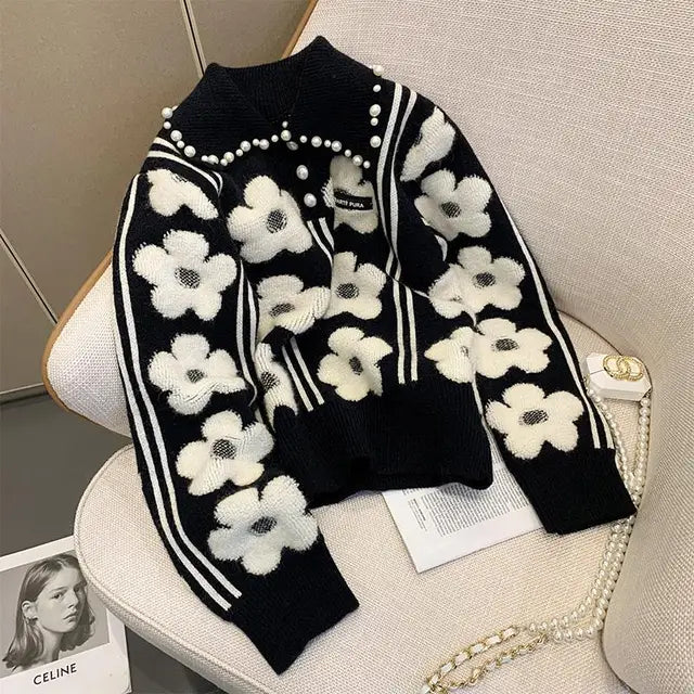 Pearl Beading Floral Knitted Women Sweater Tops Autumn Winter Vintage Elegant Ladies Pullover Long Sleeve Fashion Jumpers