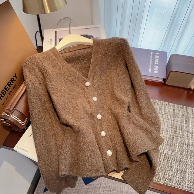 Stylish Elegant Thicken Knit Cardigan Sweater Women Pearl Buttons V-neck Long Sleeve Knitwear Tops Spring Fashion Jumpers