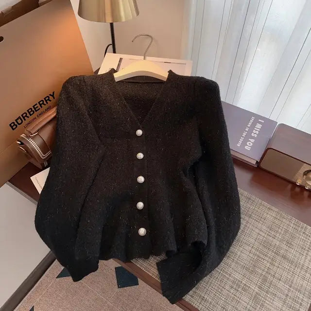 Stylish Elegant Thicken Knit Cardigan Sweater Women Pearl Buttons V-neck Long Sleeve Knitwear Tops Spring Fashion Jumpers