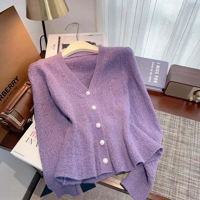 Stylish Elegant Thicken Knit Cardigan Sweater Women Pearl Buttons V-neck Long Sleeve Knitwear Tops Spring Fashion Jumpers