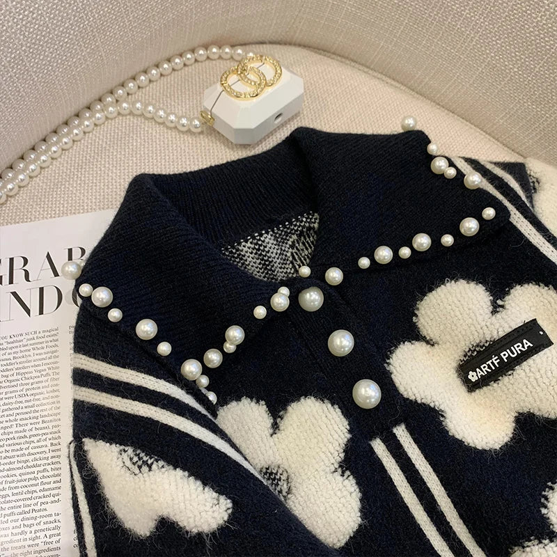 Pearl Beading Floral Knitted Women Sweater Tops Autumn Winter Vintage Elegant Ladies Pullover Long Sleeve Fashion Jumpers