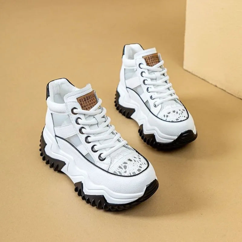 Thick Bottom Height Increase Shoes Female Summer New Lace-up Fashion Sneakers Hollow Out Breathable Sports Womens Shoes