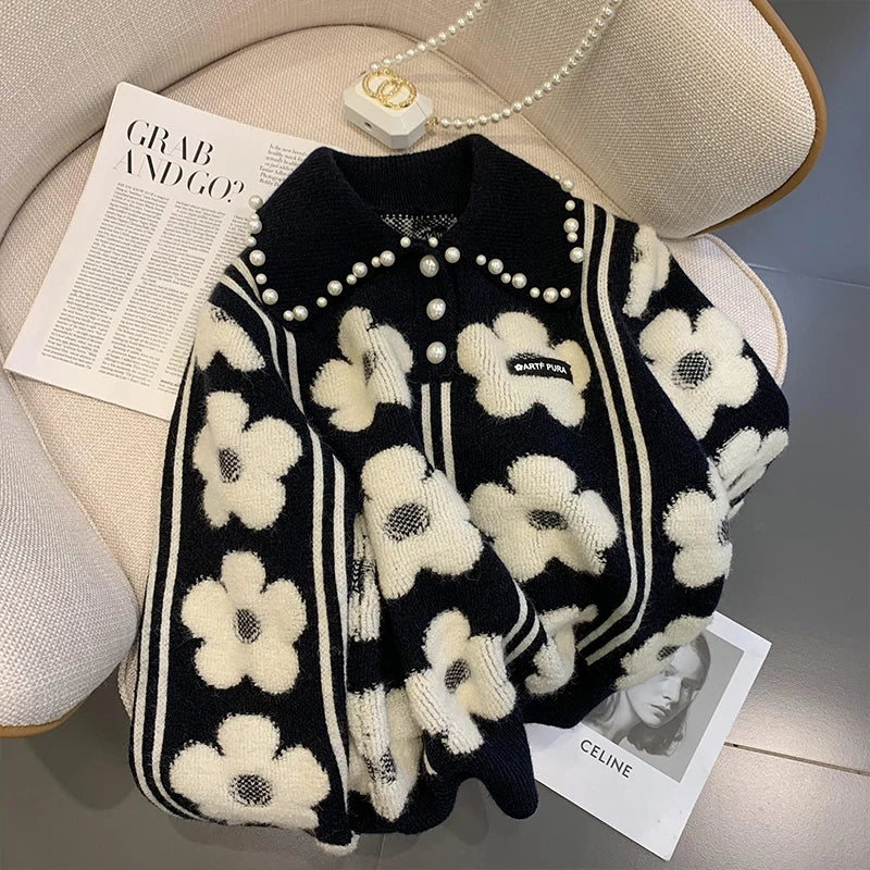 Pearl Beading Floral Knitted Women Sweater Tops Autumn Winter Vintage Elegant Ladies Pullover Long Sleeve Fashion Jumpers