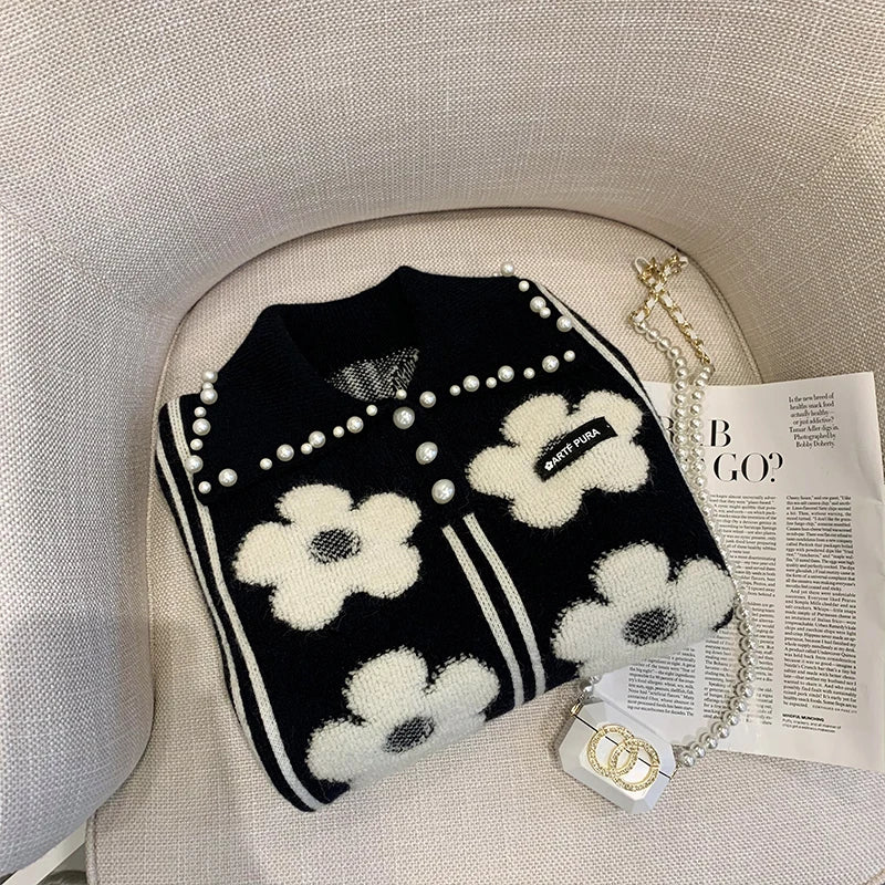 Pearl Beading Floral Knitted Women Sweater Tops Autumn Winter Vintage Elegant Ladies Pullover Long Sleeve Fashion Jumpers