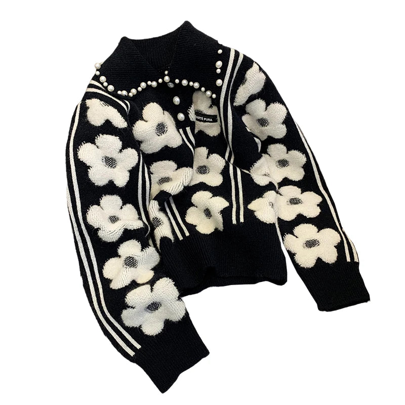 Pearl Beading Floral Knitted Women Sweater Tops Autumn Winter Vintage Elegant Ladies Pullover Long Sleeve Fashion Jumpers
