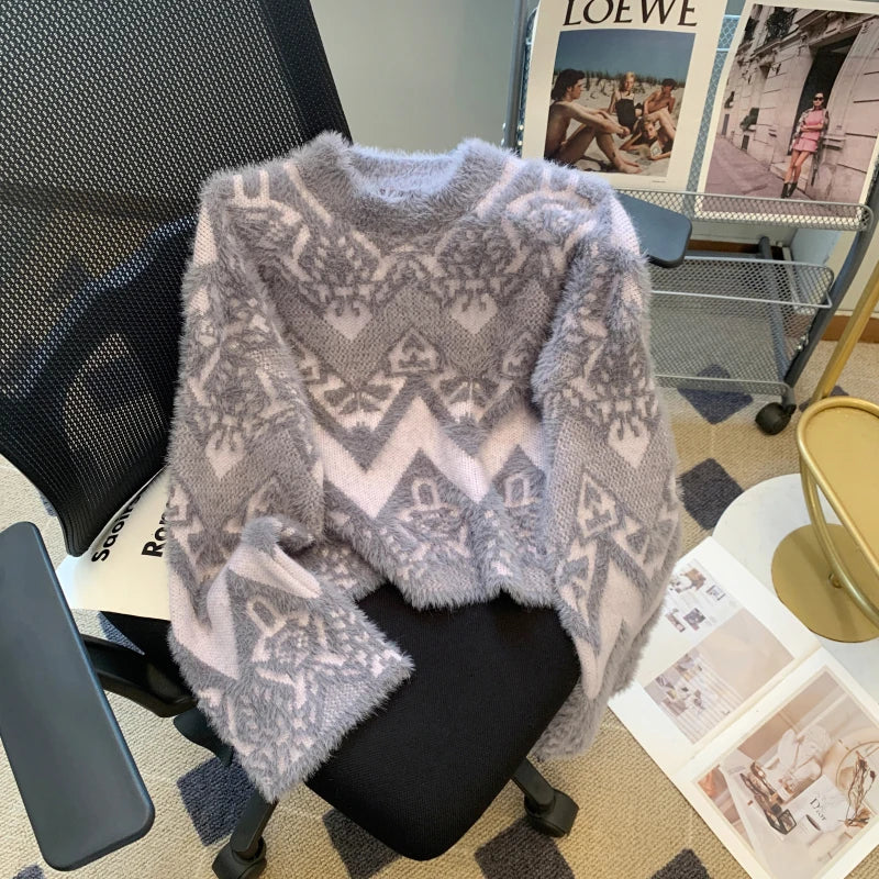 Vintage Jacquard Faux Mink Knit Sweater Pullover Dames Losse Elegante Streetwear Mode Tops Lange Mouw O-hals Truien