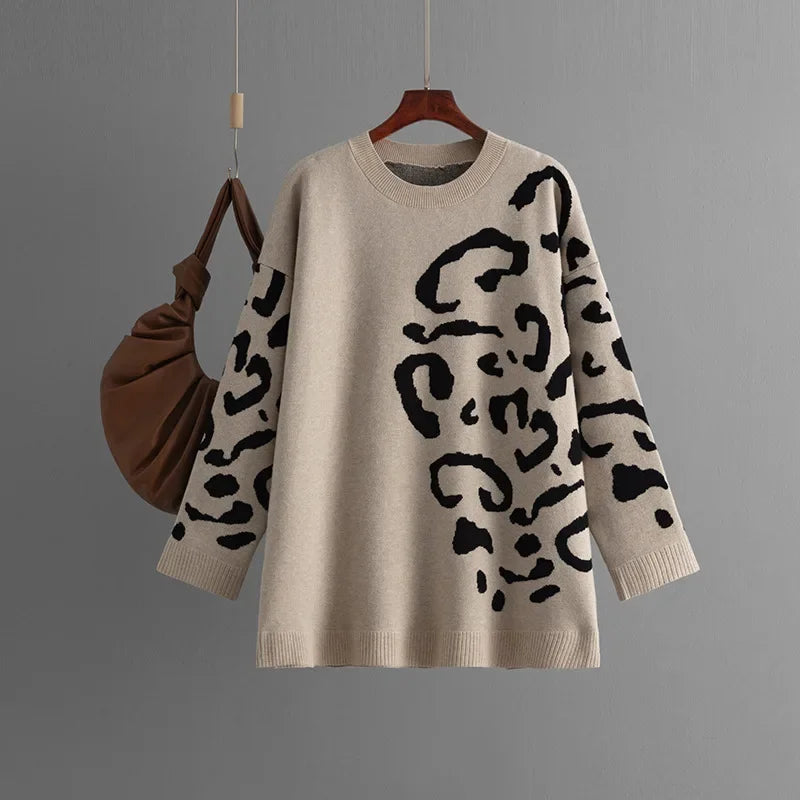 Knitted Jacquard Leopard Patchwork Sweater O-Neck Pullover Long Sleeve Mid-Length Knitwear Autumn/Winter Woman Clothing