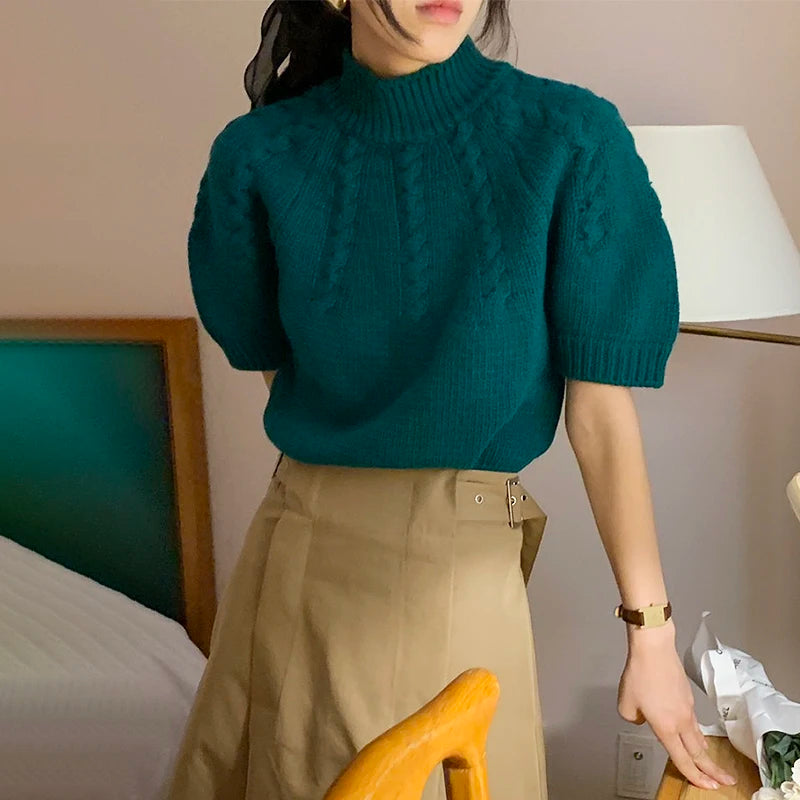 Korean Stand Collar Sweater Pullover Women Twisted Knit Elegant Vintage Tops Knitwear 2024 New Short Sleeve Chic Ladies Jumpers