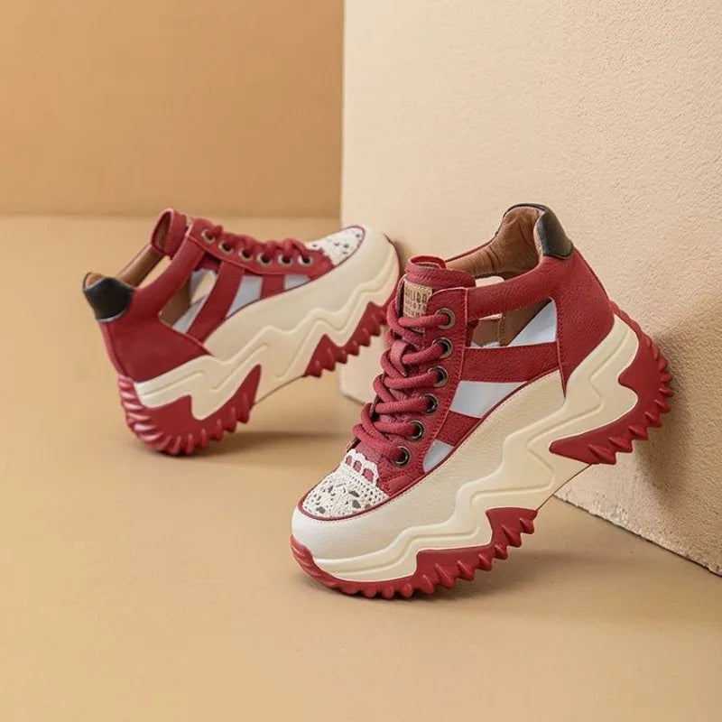 Thick Bottom Height Increase Shoes Female Summer New Lace-up Fashion Sneakers Hollow Out Breathable Sports Womens Shoes
