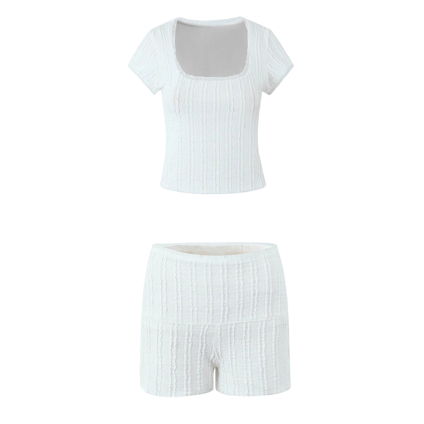 Jacquard lace square collar top+lace lace lace shorts