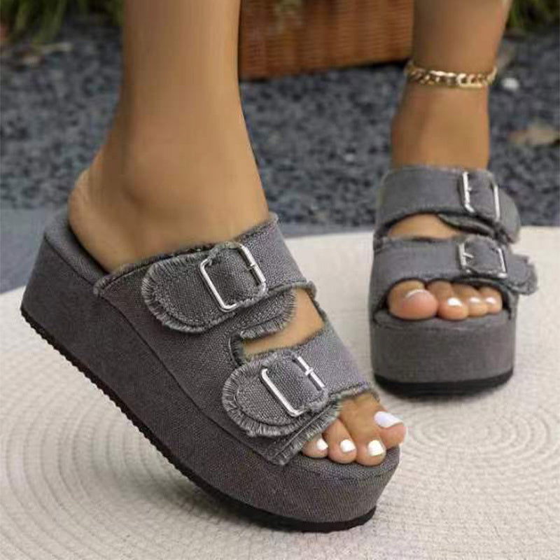 Fashion Denim Buckle Wedges Sandals Summer Outdoor High Heel Slippers Thick Bottom Camouflage Shoes For Women - CHRISTDEST GLOBAL SERVICE