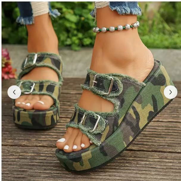 Fashion Denim Buckle Wedges Sandals Summer Outdoor High Heel Slippers Thick Bottom Camouflage Shoes For Women - CHRISTDEST GLOBAL SERVICE