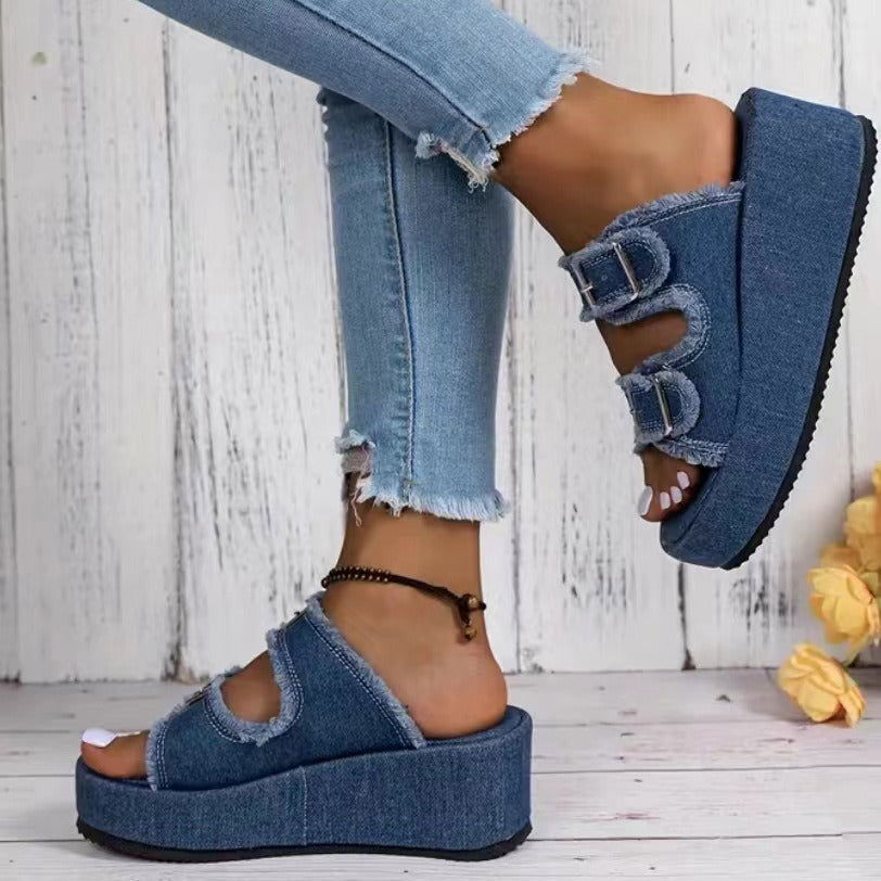 Fashion Denim Buckle Wedges Sandals Summer Outdoor High Heel Slippers Thick Bottom Camouflage Shoes For Women - CHRISTDEST GLOBAL SERVICE