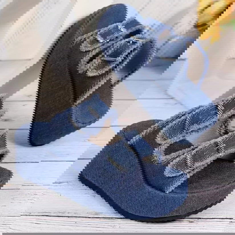 Fashion Denim Buckle Wedges Sandals Summer Outdoor High Heel Slippers Thick Bottom Camouflage Shoes For Women - CHRISTDEST GLOBAL SERVICE