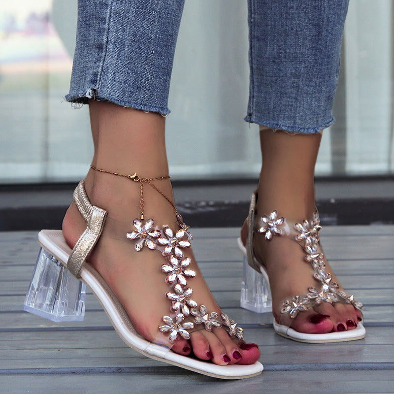 Fashion Flowers Sandals With Transparent High Square Heels Summer Square Toe Shoes For Women - CHRISTDEST GLOBAL SERVICE