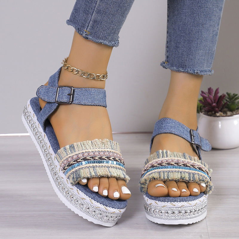 Fashion Tassel Denim Sandals With Thick-soled Flat Heel New Summer Hemp Rope Sole Ethnic Style Shoes For Women - CHRISTDEST GLOBAL SERVICE