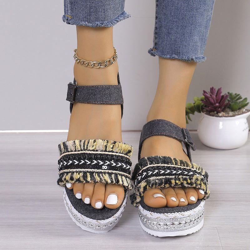 Fashion Tassel Denim Sandals With Thick-soled Flat Heel New Summer Hemp Rope Sole Ethnic Style Shoes For Women - CHRISTDEST GLOBAL SERVICE