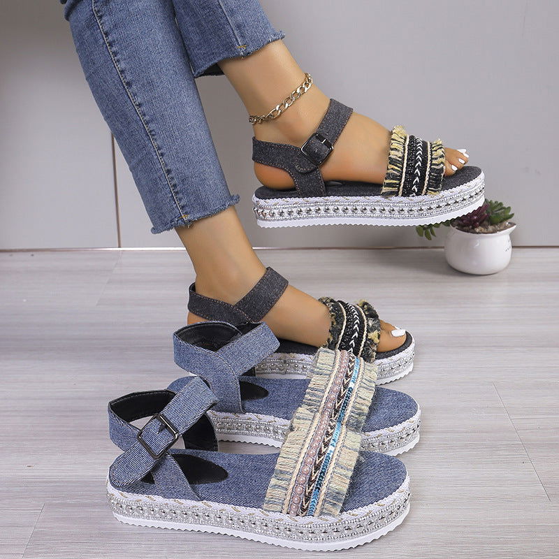 Fashion Tassel Denim Sandals With Thick-soled Flat Heel New Summer Hemp Rope Sole Ethnic Style Shoes For Women - CHRISTDEST GLOBAL SERVICE