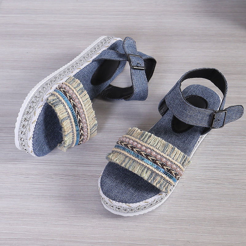 Fashion Tassel Denim Sandals With Thick-soled Flat Heel New Summer Hemp Rope Sole Ethnic Style Shoes For Women - CHRISTDEST GLOBAL SERVICE