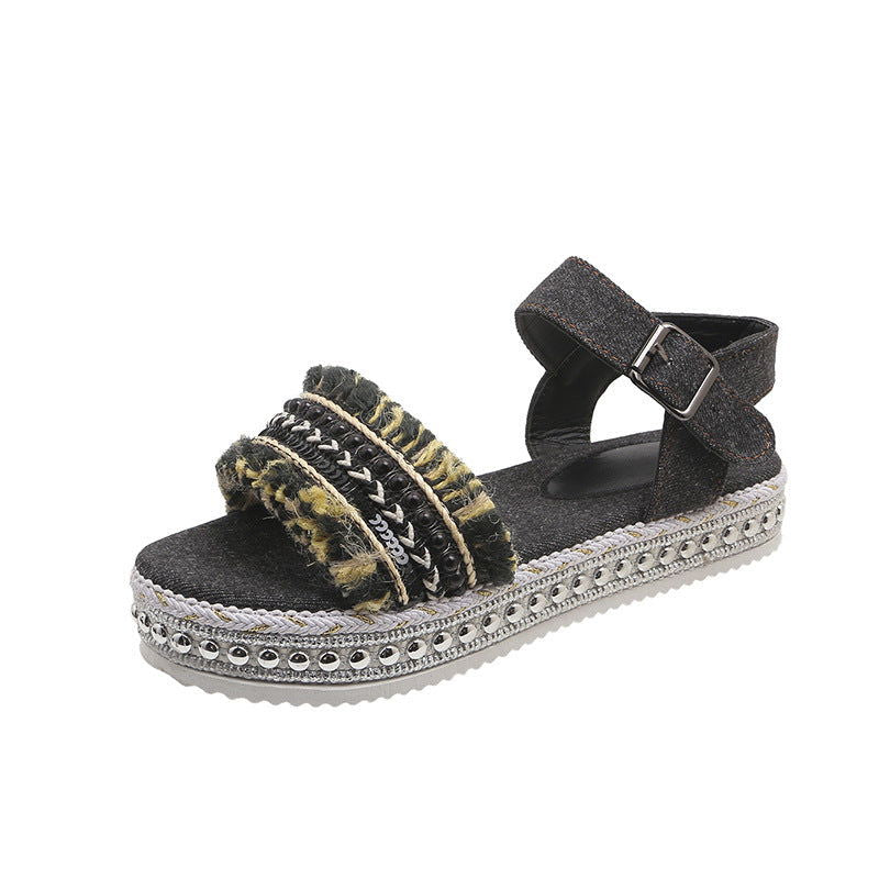 Fashion Tassel Denim Sandals With Thick-soled Flat Heel New Summer Hemp Rope Sole Ethnic Style Shoes For Women - CHRISTDEST GLOBAL SERVICE
