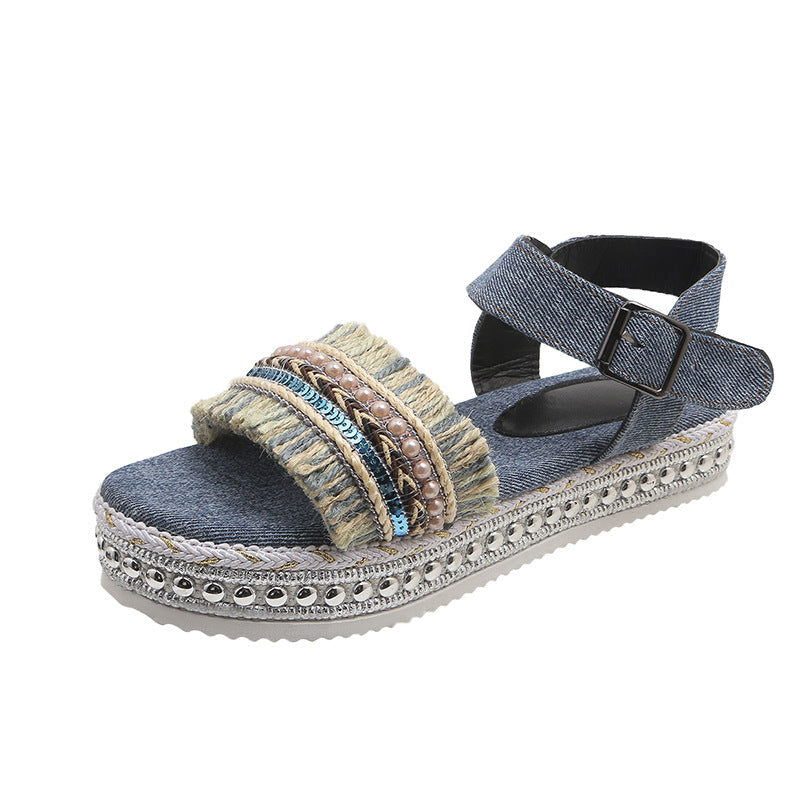 Fashion Tassel Denim Sandals With Thick-soled Flat Heel New Summer Hemp Rope Sole Ethnic Style Shoes For Women - CHRISTDEST GLOBAL SERVICE