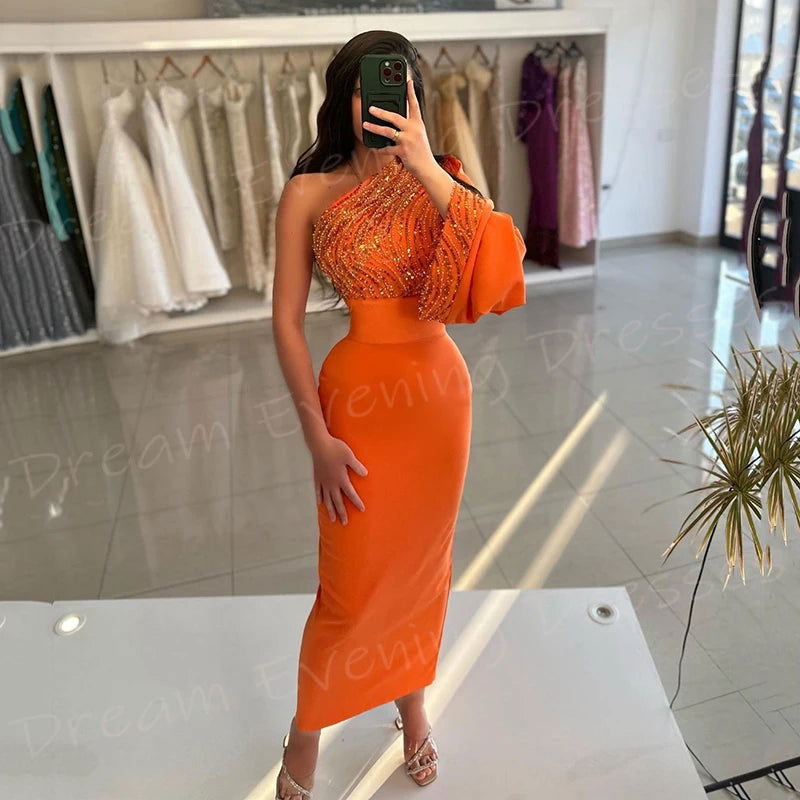 Fashionable Orange Mermaid Shiny Pretty Women's Evening Dresses Charming Graceful One Shoulder Prom Gowns Sequined Abiye Elbise - CHRISTDEST GLOBAL SERVICE
