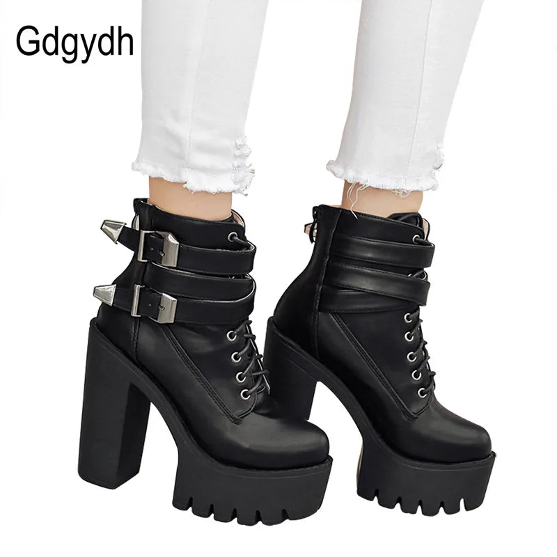 Gdgydh Spring Autumn Fashion Women Boots High Heels Platform Buckle Lace Up Leather Short Booties Black Ladies Shoes Promotion - CHRISTDEST GLOBAL SERVICE