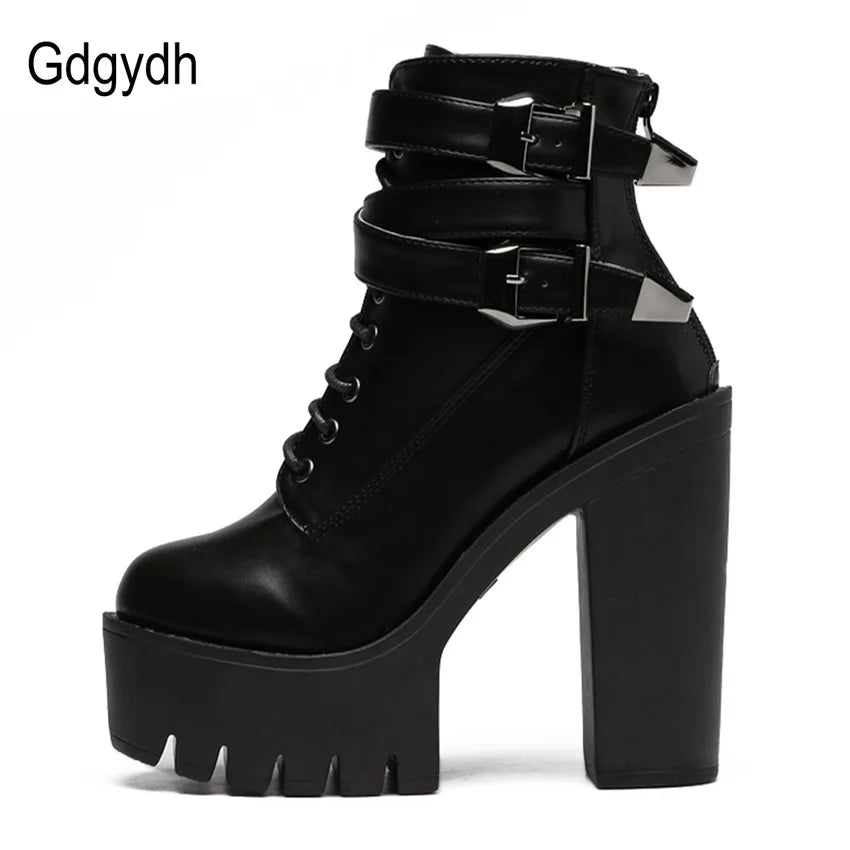 Gdgydh Spring Autumn Fashion Women Boots High Heels Platform Buckle Lace Up Leather Short Booties Black Ladies Shoes Promotion - CHRISTDEST GLOBAL SERVICE