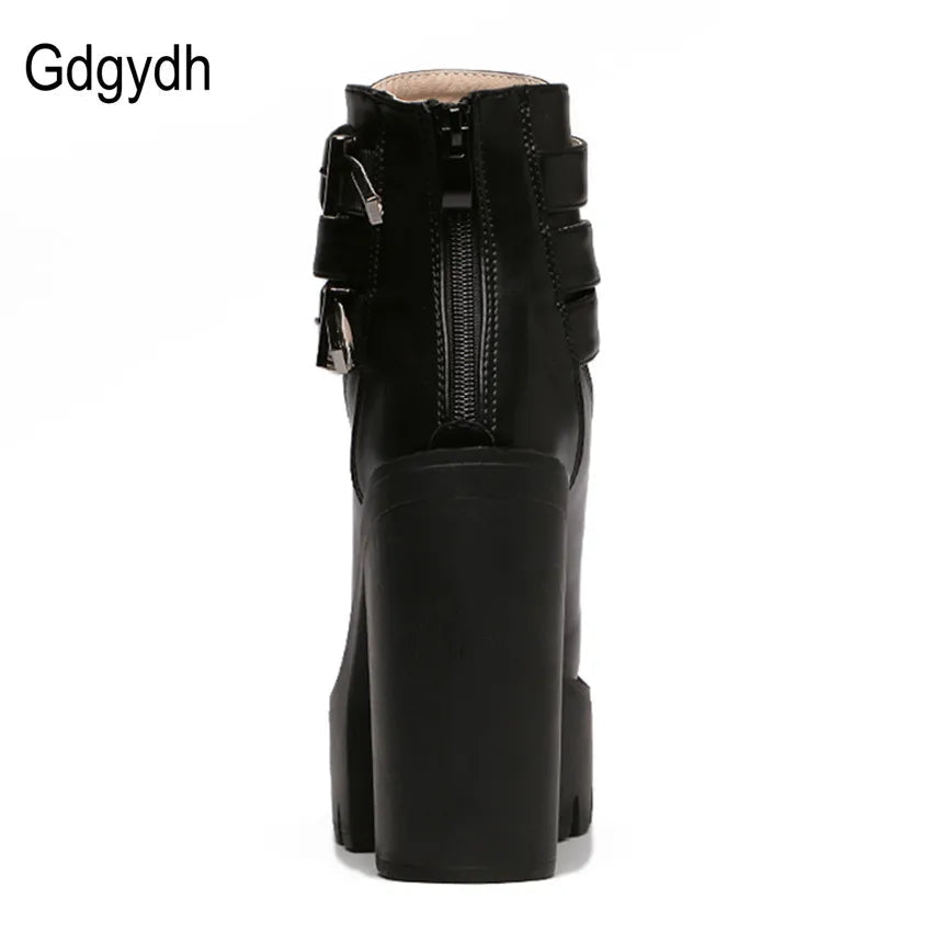 Gdgydh Spring Autumn Fashion Women Boots High Heels Platform Buckle Lace Up Leather Short Booties Black Ladies Shoes Promotion - CHRISTDEST GLOBAL SERVICE