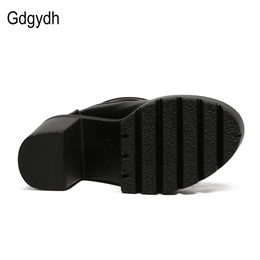 Gdgydh Spring Autumn Fashion Women Boots High Heels Platform Buckle Lace Up Leather Short Booties Black Ladies Shoes Promotion - CHRISTDEST GLOBAL SERVICE