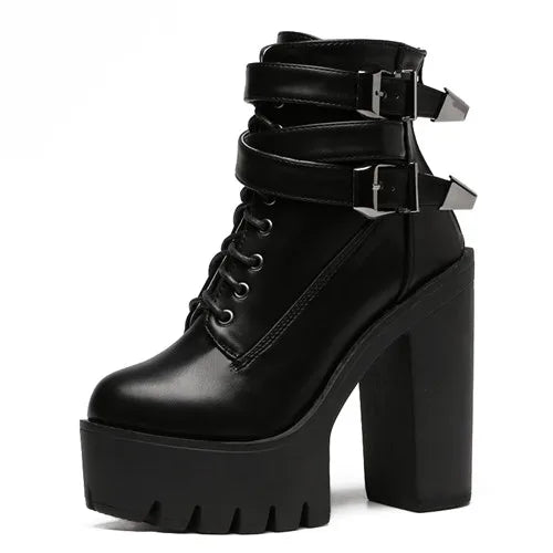 Gdgydh Spring Autumn Fashion Women Boots High Heels Platform Buckle Lace Up Leather Short Booties Black Ladies Shoes Promotion - CHRISTDEST GLOBAL SERVICE