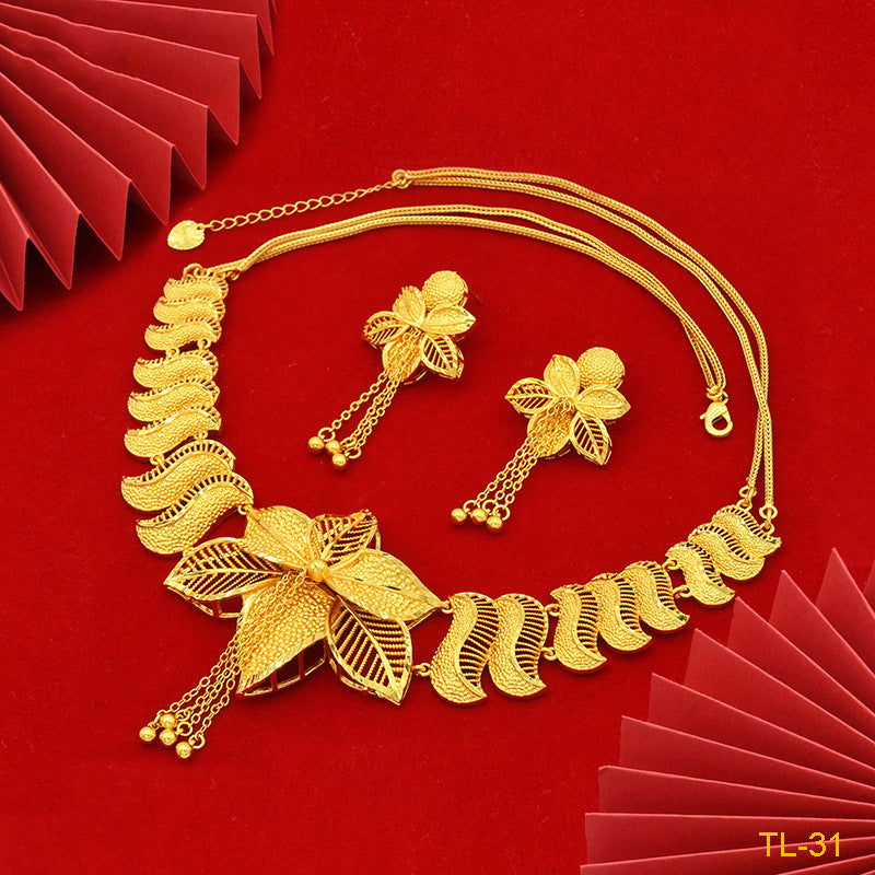 Gold Flower Necklace And Earrings Suite Brass Gold Plated Wedding Jewelry Batch - CHRISTDEST GLOBAL SERVICE