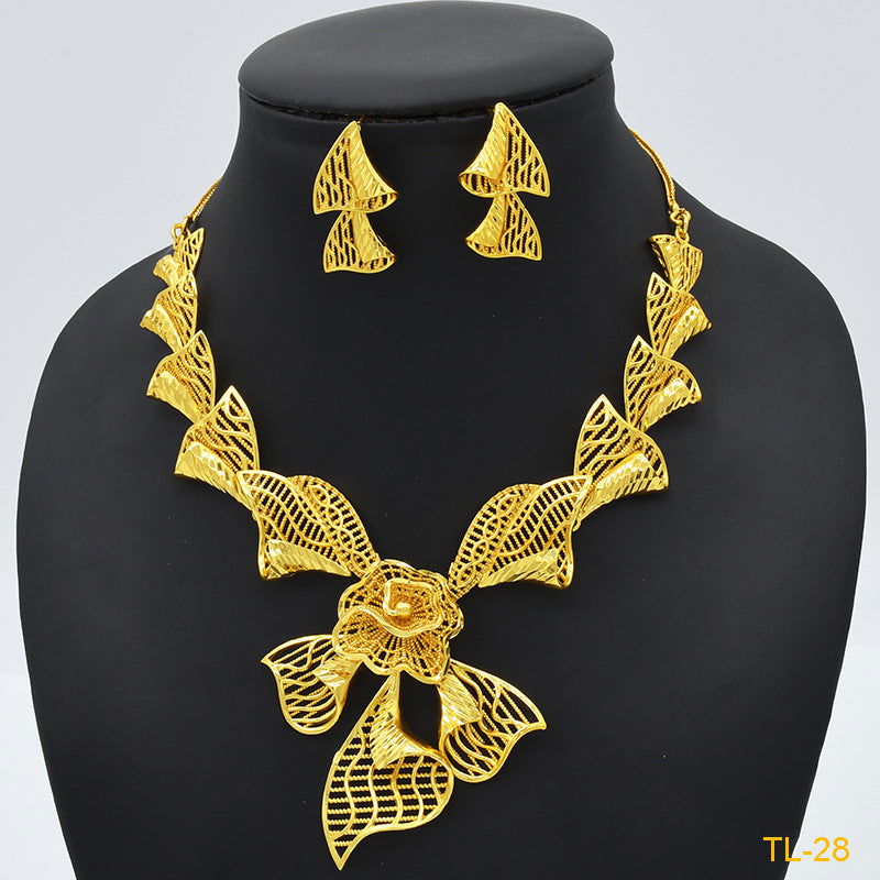 Gold Flower Necklace And Earrings Suite Brass Gold Plated Wedding Jewelry Batch - CHRISTDEST GLOBAL SERVICE