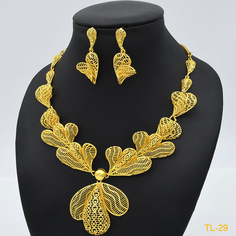 Gold Flower Necklace And Earrings Suite Brass Gold Plated Wedding Jewelry Batch - CHRISTDEST GLOBAL SERVICE
