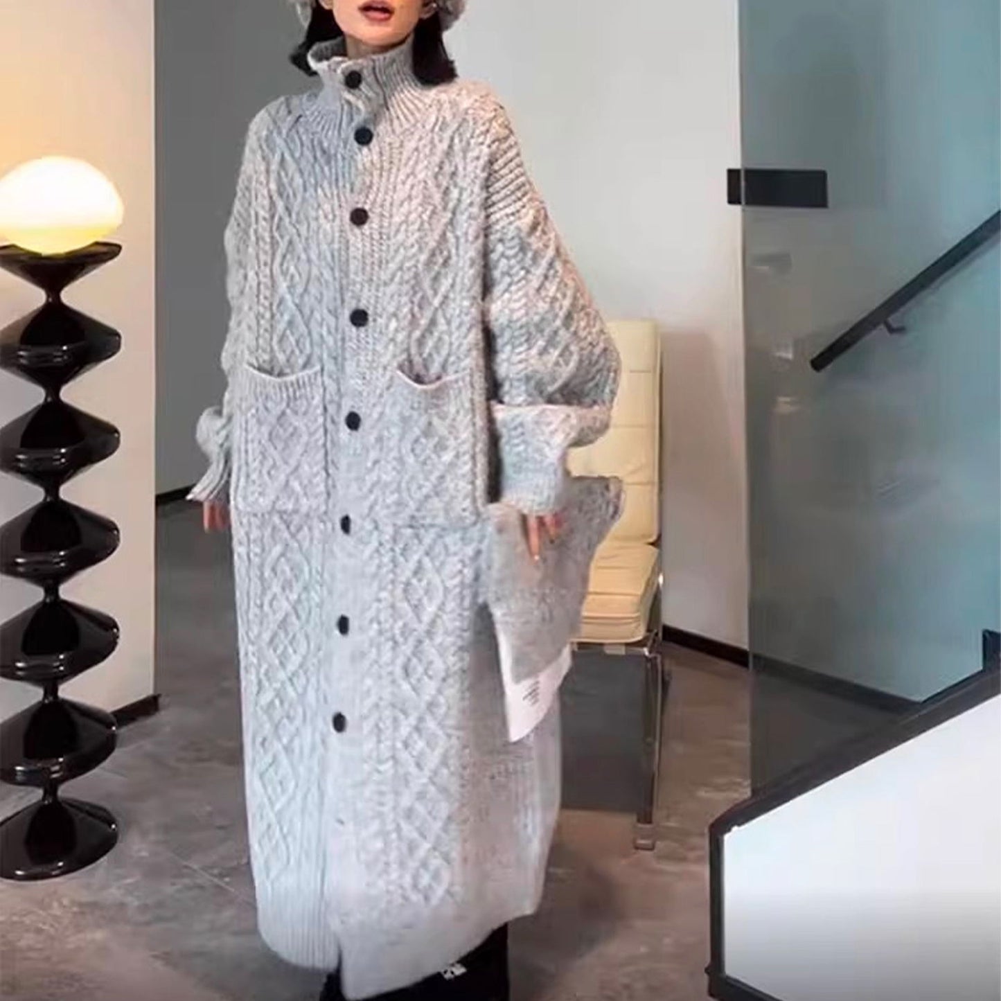 High Collar Thickened Twist Sweater Coat, Gray Cozy Over-knee Knitted Cardigan Long Sweater, Boho Women Sweater, Womens Winner Clothing - CHRISTDEST GLOBAL SERVICE