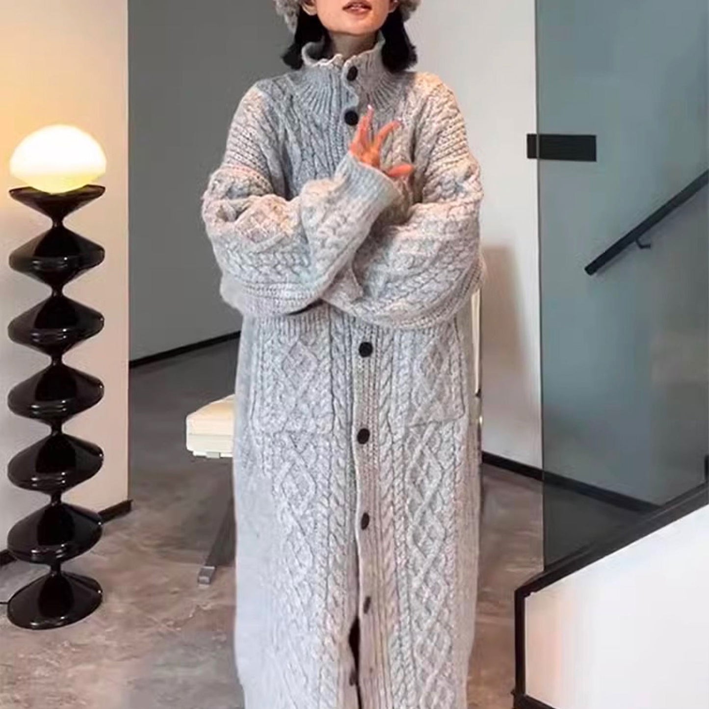 High Collar Thickened Twist Sweater Coat, Gray Cozy Over-knee Knitted Cardigan Long Sweater, Boho Women Sweater, Womens Winner Clothing - CHRISTDEST GLOBAL SERVICE