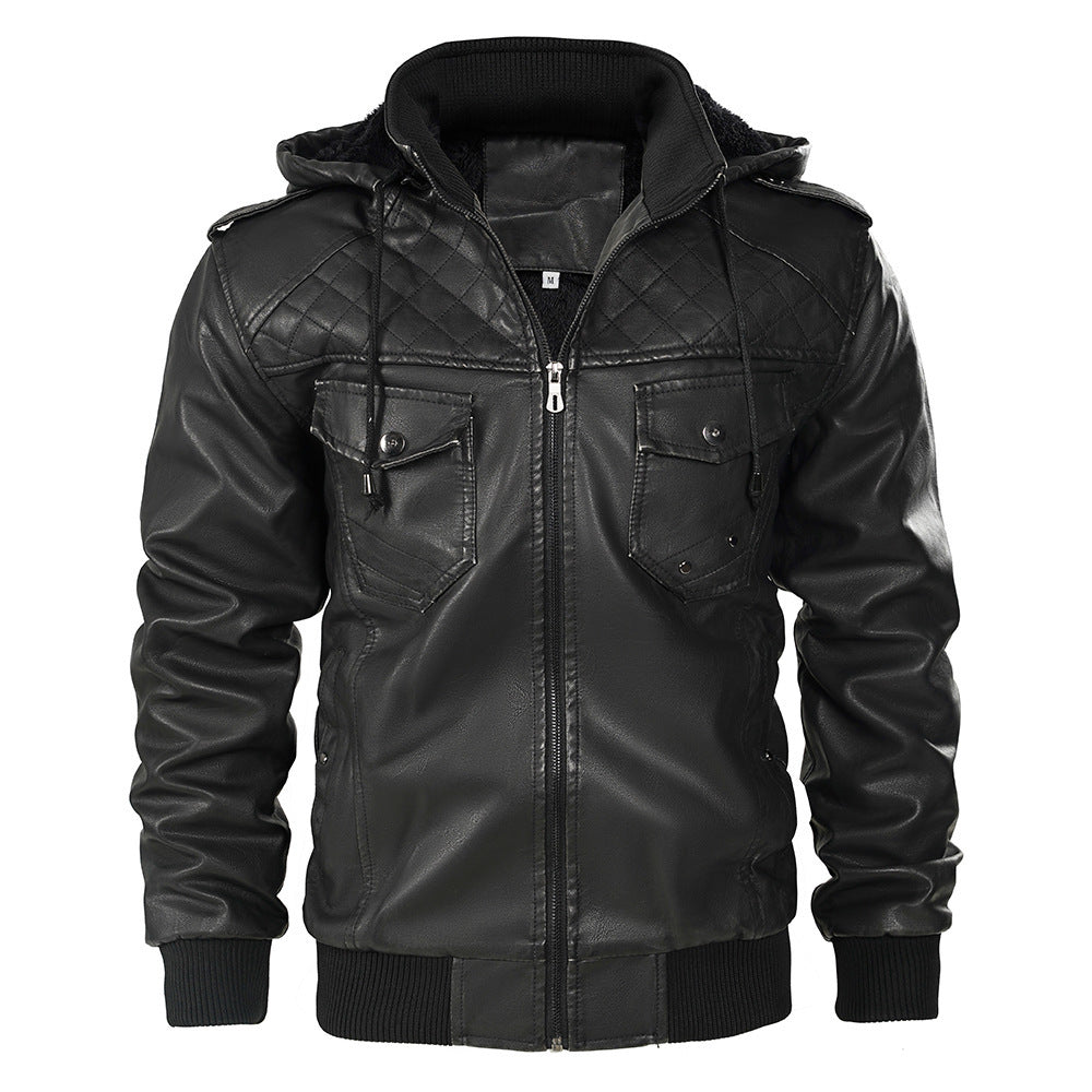 Hooded Leather Jacket Fleece-lined Men's Autumn And Winter New - CHRISTDEST GLOBAL SERVICE