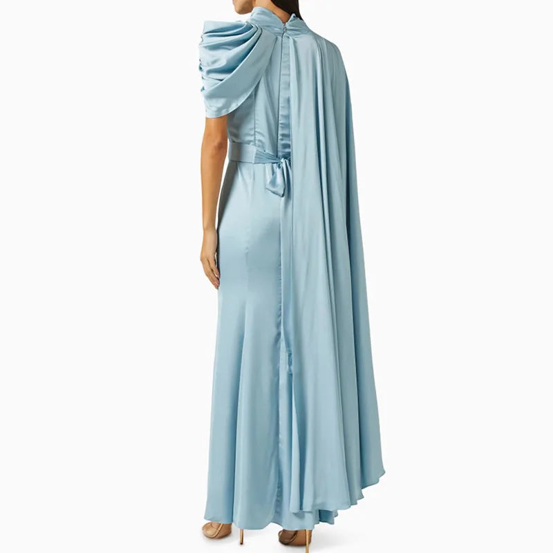 KBQ Solid Spliced Folds Elegant Dress For Women Stand Collar One Shoulder Sleeve High Waist Temperament Dresses Female Fashion - CHRISTDEST GLOBAL SERVICE