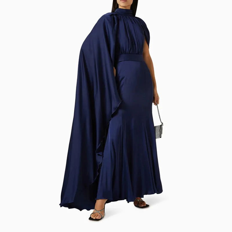 KBQ Solid Spliced Folds Elegant Dress For Women Stand Collar One Shoulder Sleeve High Waist Temperament Dresses Female Fashion - CHRISTDEST GLOBAL SERVICE
